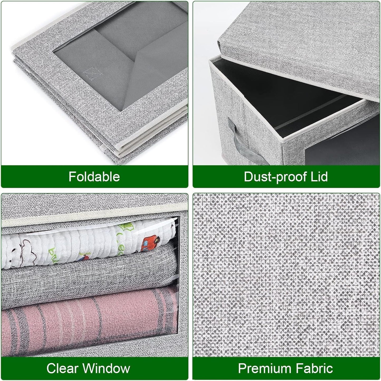 DIMJ Fabric Storage Box with Lid - 4 Pack Closet Foldable Storage Bin with Handle & Clear Window, Decorative Organizer and Storage Basket Containers for Clothes,Bedroom, Office(Ant-Grey)