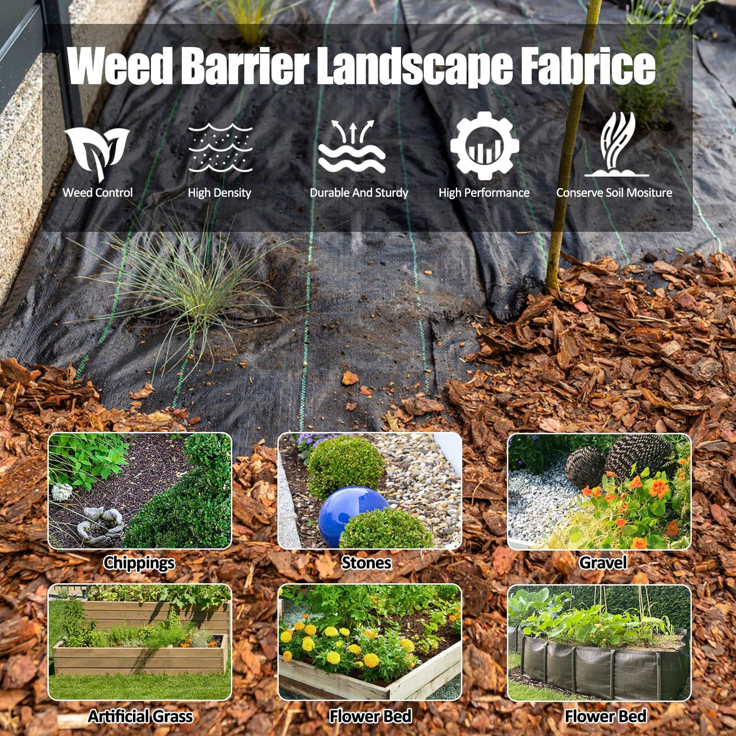 automoris 3ft*50ft Garden Weed Barrier Landscape Fabric, 3.2oz Woven Heavy Duty Garden Ground Cover, Weed Fabric Gardening Mat with 20 U-Shaped Securing Pegs+20 Gasket for Flower Bed