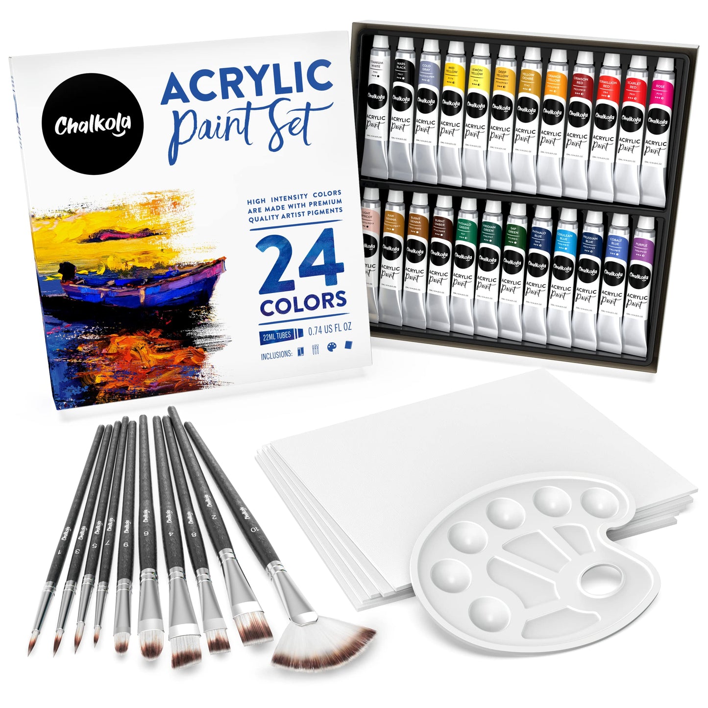Chalkola 40 Acrylic Paint Set for Adults with 24 Acrylic Paints kit (22ml), 10 Painting Brushes, 5 Canvas for Painting (8x10) & 1 Palette