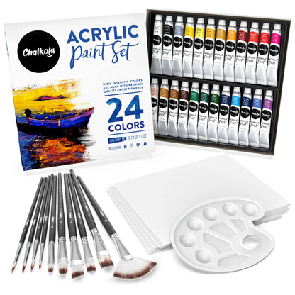 Chalkola 40 Acrylic Paint Set for Adults with 24 Acrylic Paints kit (22ml), 10 Painting Brushes, 5 Canvas for Painting (8x10) & 1 Palette