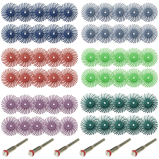 66pcs 1Inch Radial Bristle Disc Polishing Kit 6 Mix Grit 80/120/220/400/600/1000 with 1/8" Shank for Rotary Tools, Abrasive Brush Buffing Wheel Kit for Jewelry, Wood, Metal Finishing Deburring