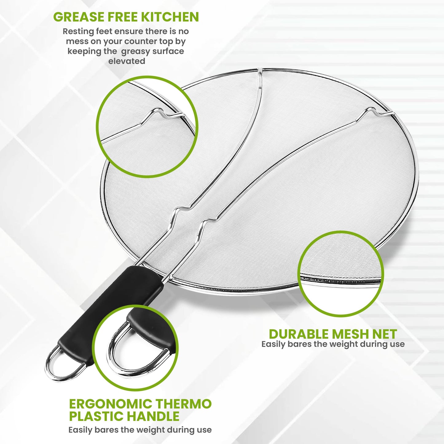 13" Grease Splatter Screen for Cooking | Stainless Steel Oil Splatter Guard and Ultra-Fine Mesh Protects Skin from Burns | TPR Tight-Grip Handle (Only Buy from KAFOOR LLC)