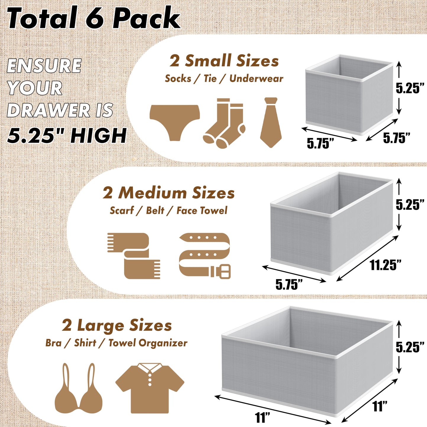 Simple Houseware Foldable Storage Basket Box Closet Dresser Drawer Divider Bins Organizer for Clothes,Underwears, Bras, Set of 6, Grey