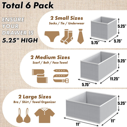 Simple Houseware Foldable Storage Basket Box Closet Dresser Drawer Divider Bins Organizer for Clothes,Underwears, Bras, Set of 6, Grey