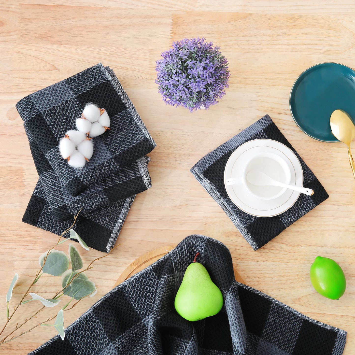 smiry 100% Cotton Kitchen Towels, 12" x 12", 6 Pack Waffle Weave Dish Cloths, Super Soft Dish Towels, Absorbent Quick Drying Tea Towels, Black&Dark Grey