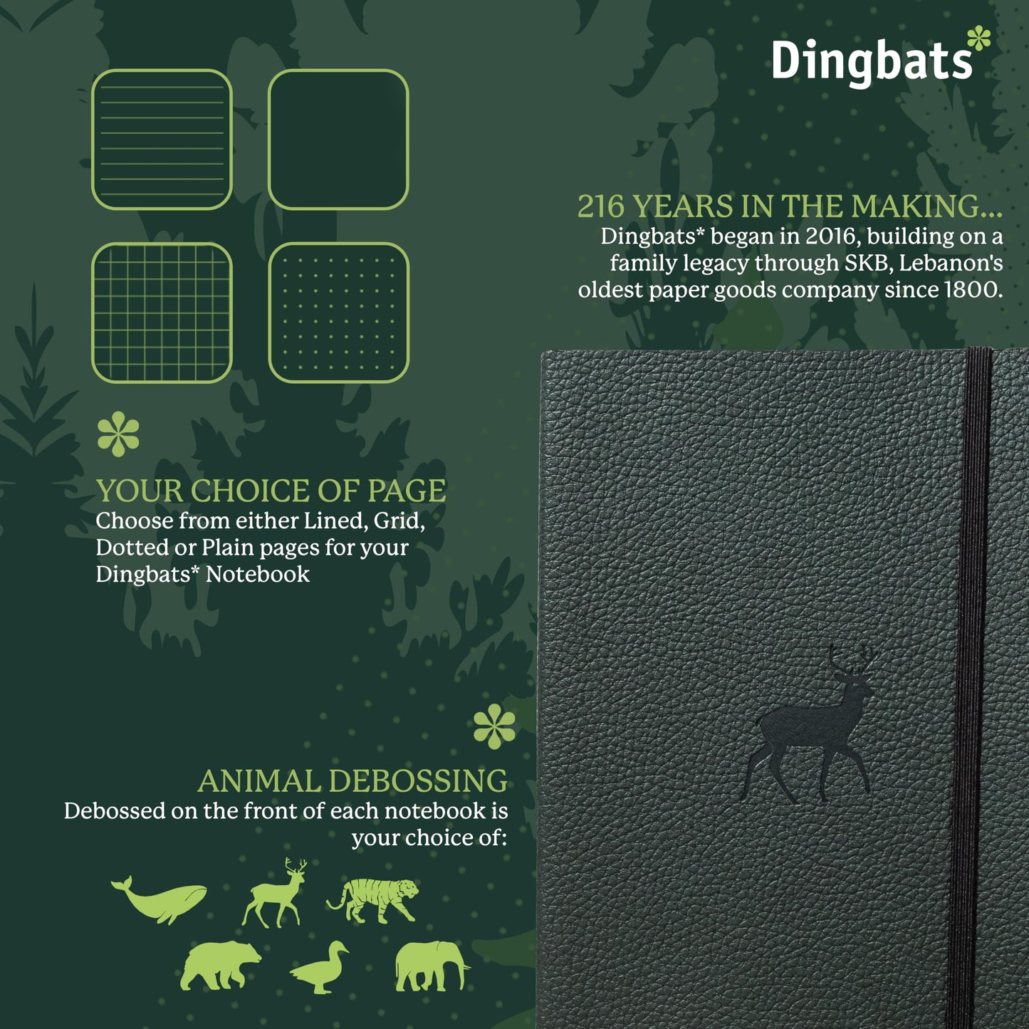 Dingbats* Wildlife Dotted Journal Notebook A5 - Vegan Leather Soft Cover, Ideal for Work, Travel - Pocket, Elastic Closure, Bookmark
