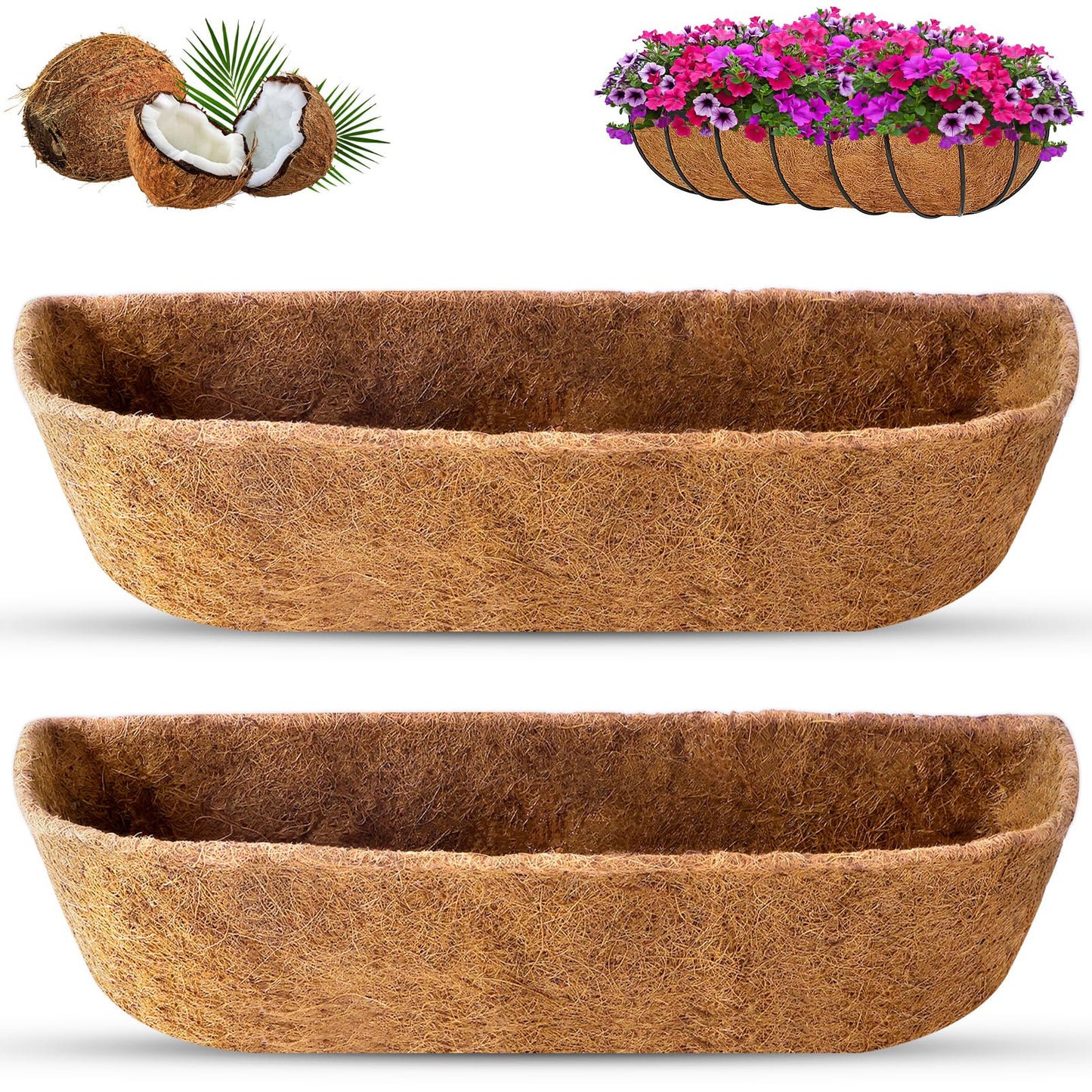 Remiawy Coco Liners for Planters 30 Inch, 2 Packs Natural Coconut Fiber Coir Flower Basket Window Box Liners, Trough Planter Insert for Outdoor Plant Large Pots Garden Fence Decoration