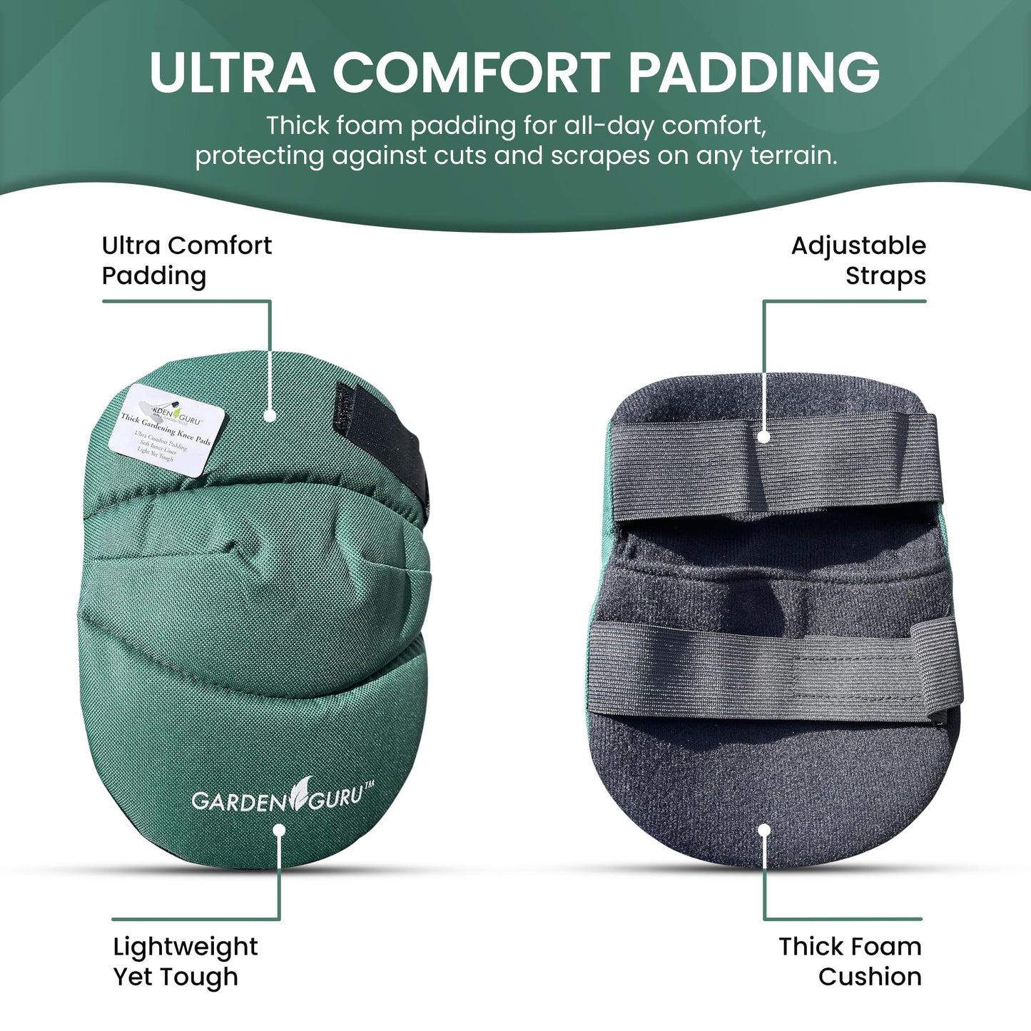 GARDEN GURU Cushioned Gardening Knee Pads with Adjustable Straps - Soft Inner Liner, Ultra Comfort Padding, Garden Kneelers for Yard Work, Cleaning, Household Chores, Roofing, and More