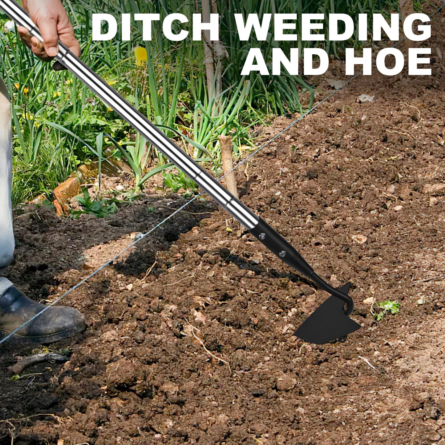 YEELOR Warren Hoe, Carbon Steel Triangle Garden Hoe with Stainless Steel 57" Adjustable Long Handle, Heavy Duty Gardening Hand Tools Hoe for Ridging Weeding Digging Loosening Edging Soil, Balck