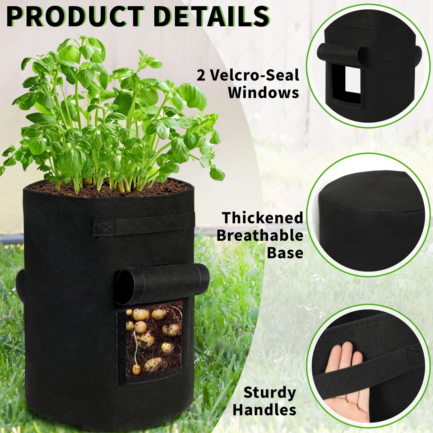 SYITCUN 4 Pack 15 Gallon Potato Growing Bags, Thickened Nonwoven Fabric Grow Bags with 2 Windows &2 Reinforced Handle, Potato Bags for Growing Potatoes, Vegetable and Fruits