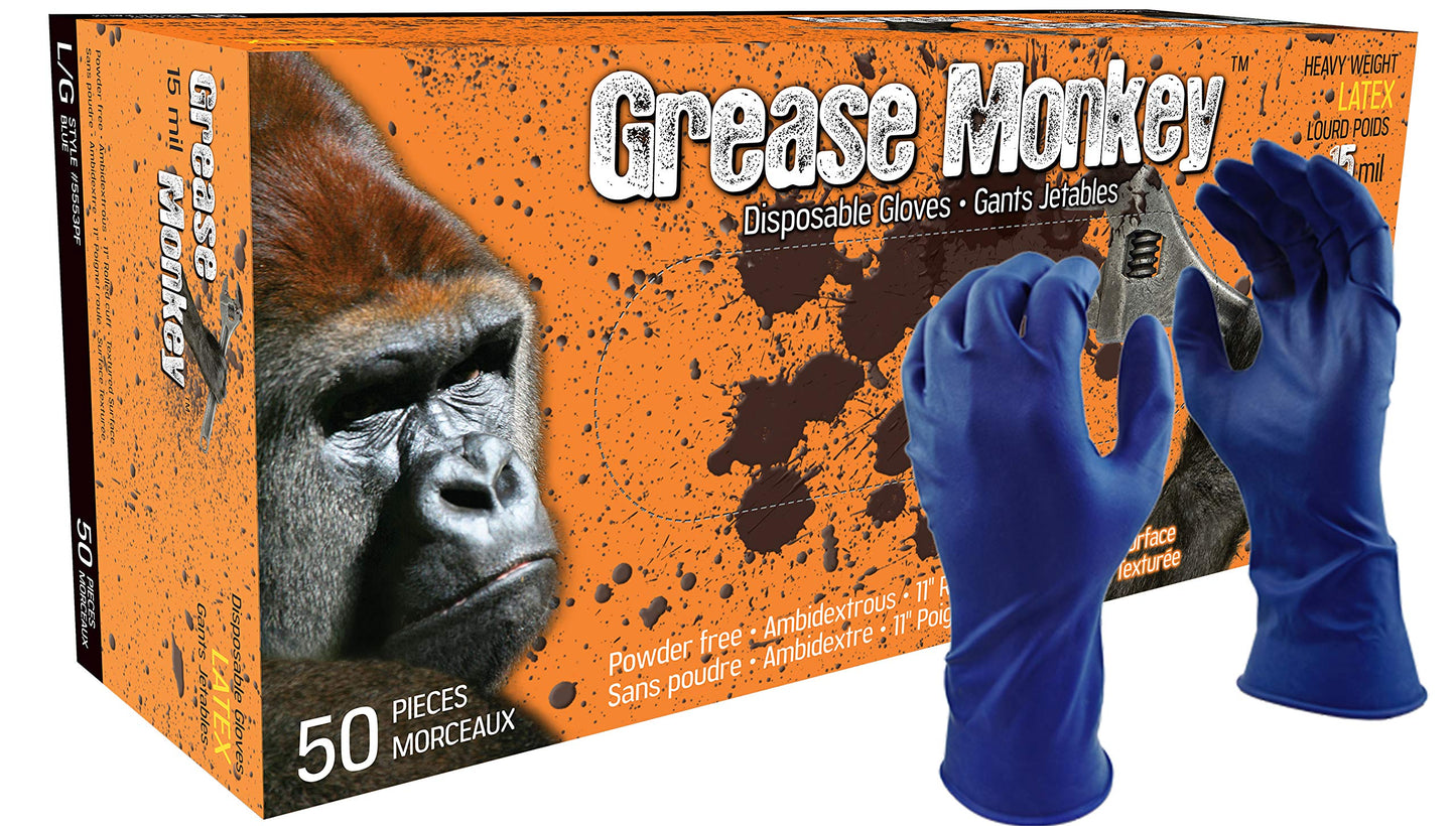 Watson Gloves Grease Monkey Disposable Latex Glove - 15 Mil Thickness, Powder-Free, Textured Surface Grip, Abrasion and Puncture Resistance, 50 Gloves/Box (Large, 5553PF)