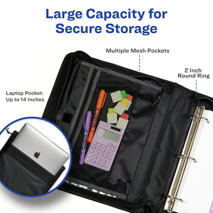 Avery 2" Inch Zipper Binder, 3 Round Rings, Durable Messenger Nylon Zipper Black Binder, Tablet Holder, 6-Pockets with 5 Tab Dividers, Carry-All Storage Binder (26051)