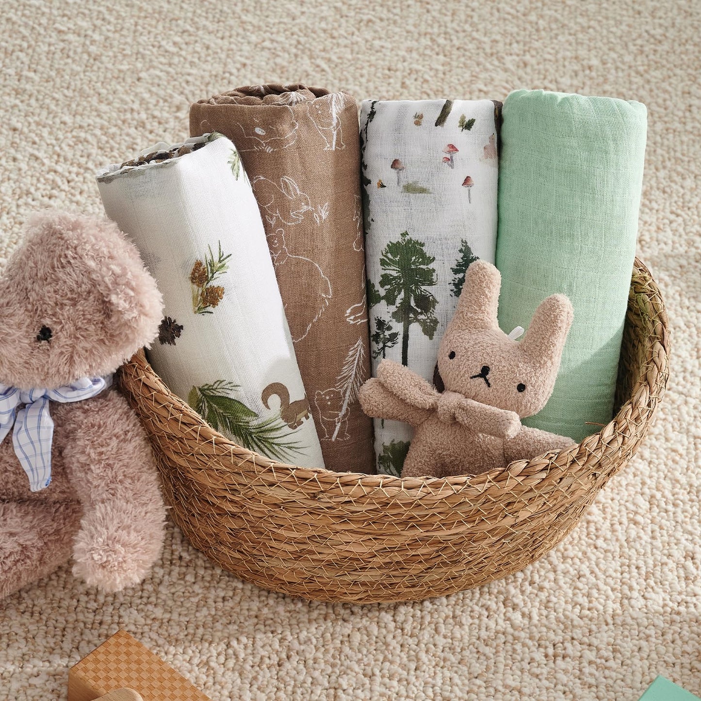 david's kids 4 Pack Baby Muslin Swaddle Blankets, 100% Cotton and Ultra Soft Breathable Receiving Blanket Wrap for Boys Girls, New Born Essentials, Large 47 x 47 inches, Forest