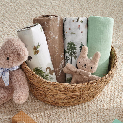 david's kids 4 Pack Baby Muslin Swaddle Blankets, 100% Cotton and Ultra Soft Breathable Receiving Blanket Wrap for Boys Girls, New Born Essentials, Large 47 x 47 inches, Forest