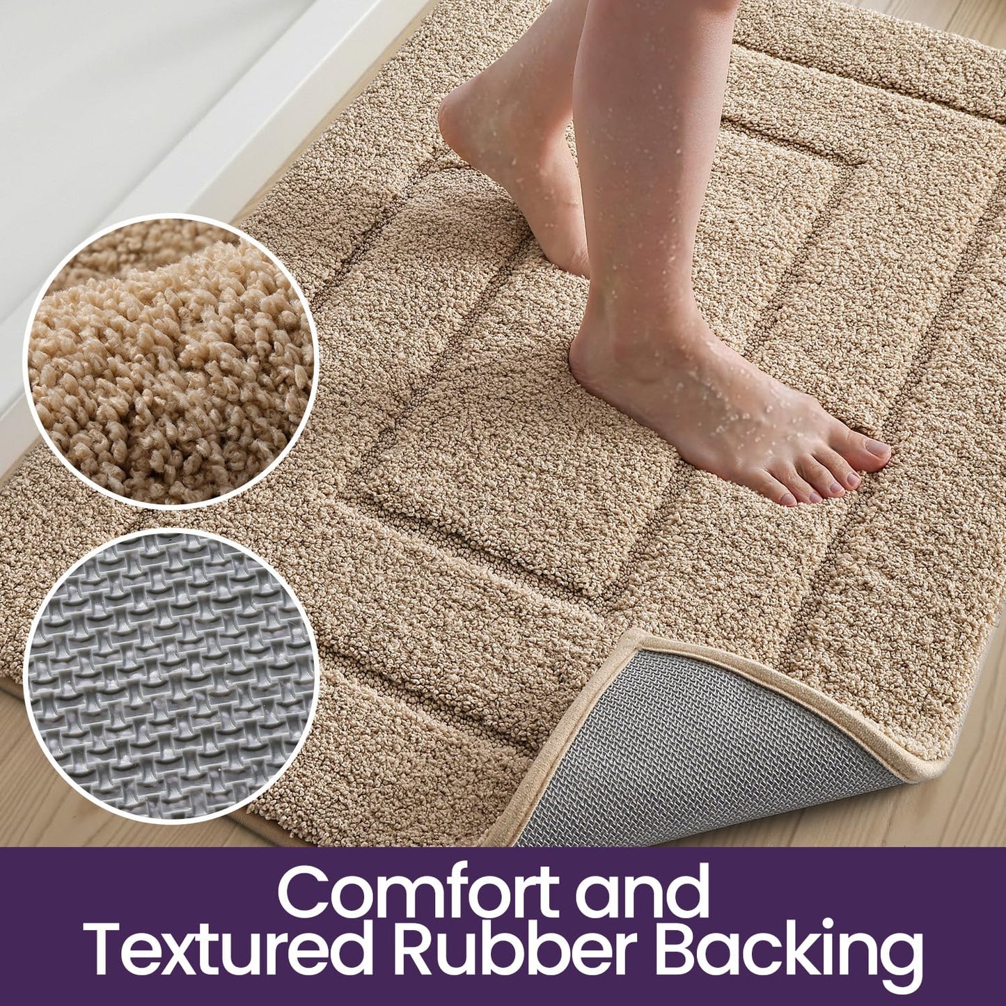 DEXI Bath Mat Non Slip, 20x32 Absorbent Microfiber Soft Bathroom Rug, Machine Washable Carpet for Shower Floor Bathmat Decor, Beige