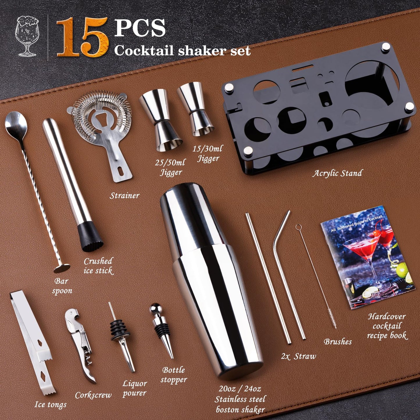 Wukuna 15-Piece Silver Bartender Kit: Premium Stainless Steel Bar Tool Set with Acrylic Stand & Recipe Book, for Home, Lounge & Party