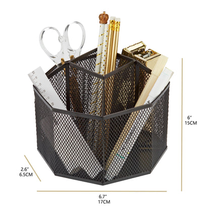 Annova Mesh Desk Organizer Rotate with 5 Compartments Spinning Tidy Candy/Pen Holder Office, Art Supply, Storage, Classroom, Home (Black)