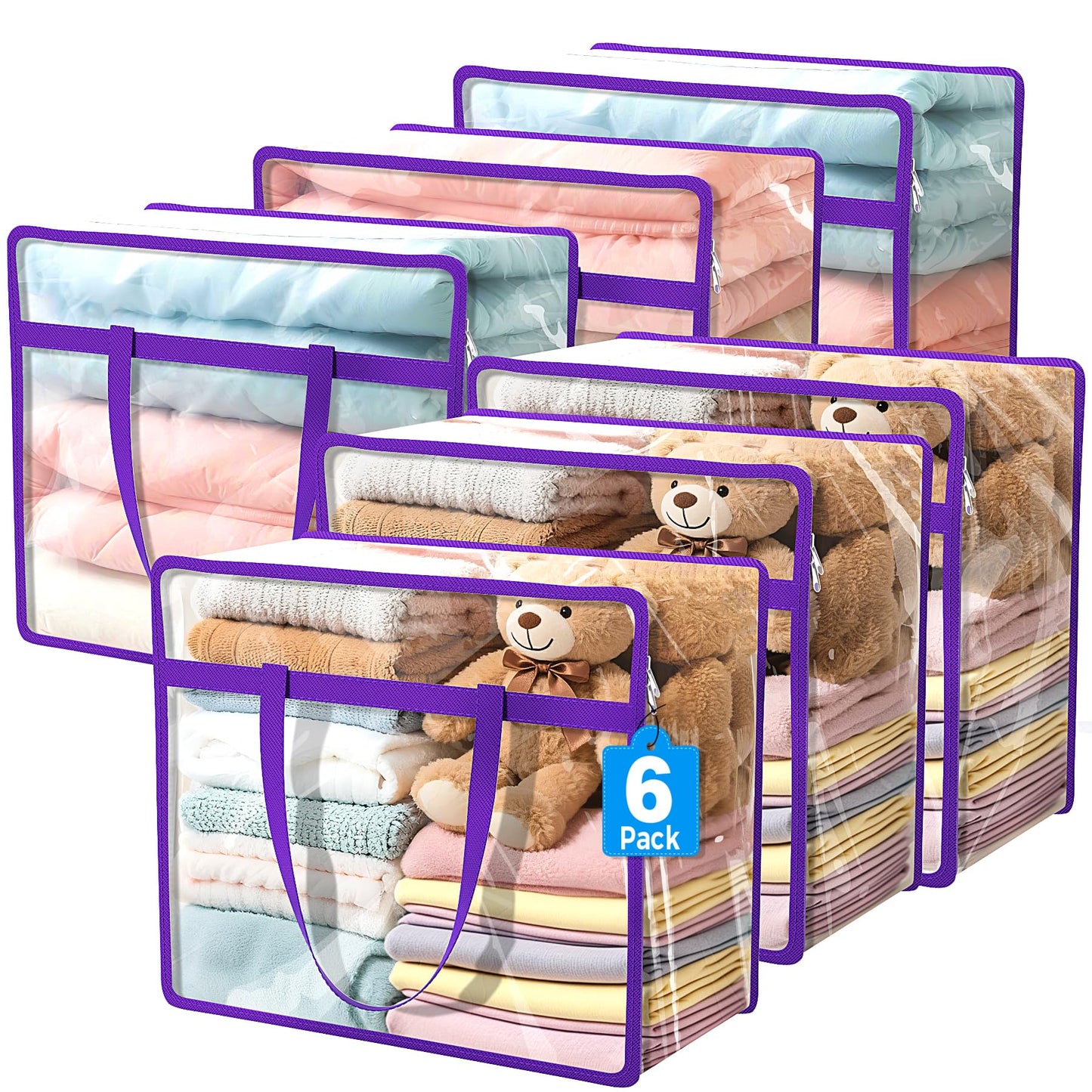 Budding Joy 6 Pack Clear Zippered Storage Bags for Clothes, Closet Organizers and Storage Bag for Bedding, Linen, Blankets, Comforters, Clothes & Toys Multi Purpose & Space Saver PVC Organizers
