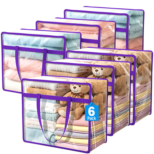 Budding Joy 6 Pack Clear Zippered Storage Bags for Clothes, Closet Organizers and Storage Bag for Bedding, Linen, Blankets, Comforters, Clothes & Toys Multi Purpose & Space Saver PVC Organizers