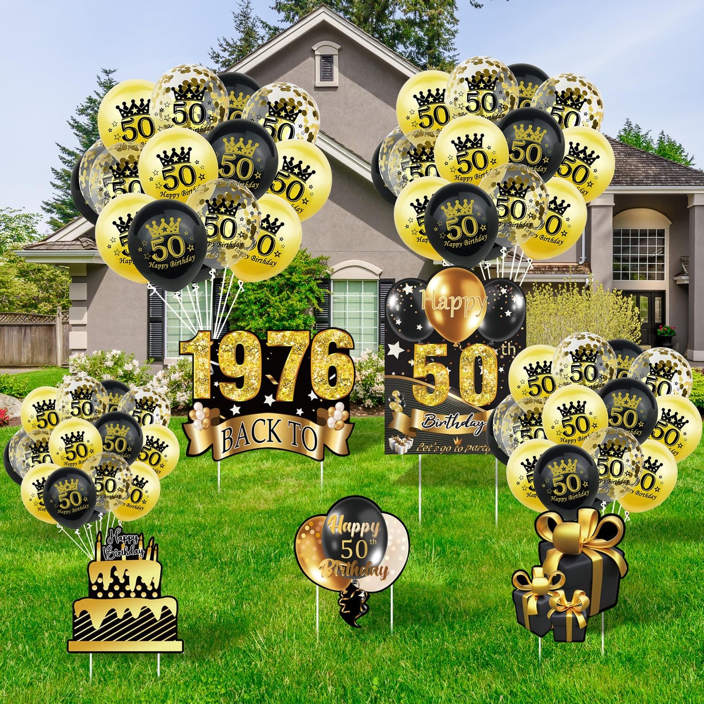 5Pcs 50th Birthday Yard Sign 16" Large Happy Birthday 50th Decorations for Men Women Birthday Party Lawn Signs Decorations with Stakes & 15pc Black Gold 50th Birthday Balloons for 50th Birthday Party