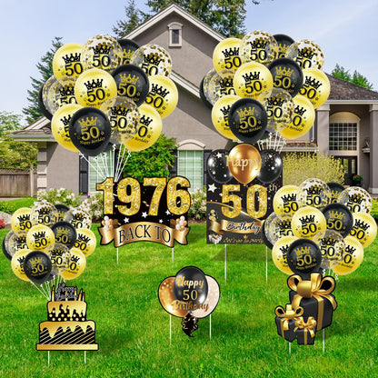 5Pcs 50th Birthday Yard Sign 16" Large Happy Birthday 50th Decorations for Men Women Birthday Party Lawn Signs Decorations with Stakes & 15pc Black Gold 50th Birthday Balloons for 50th Birthday Party