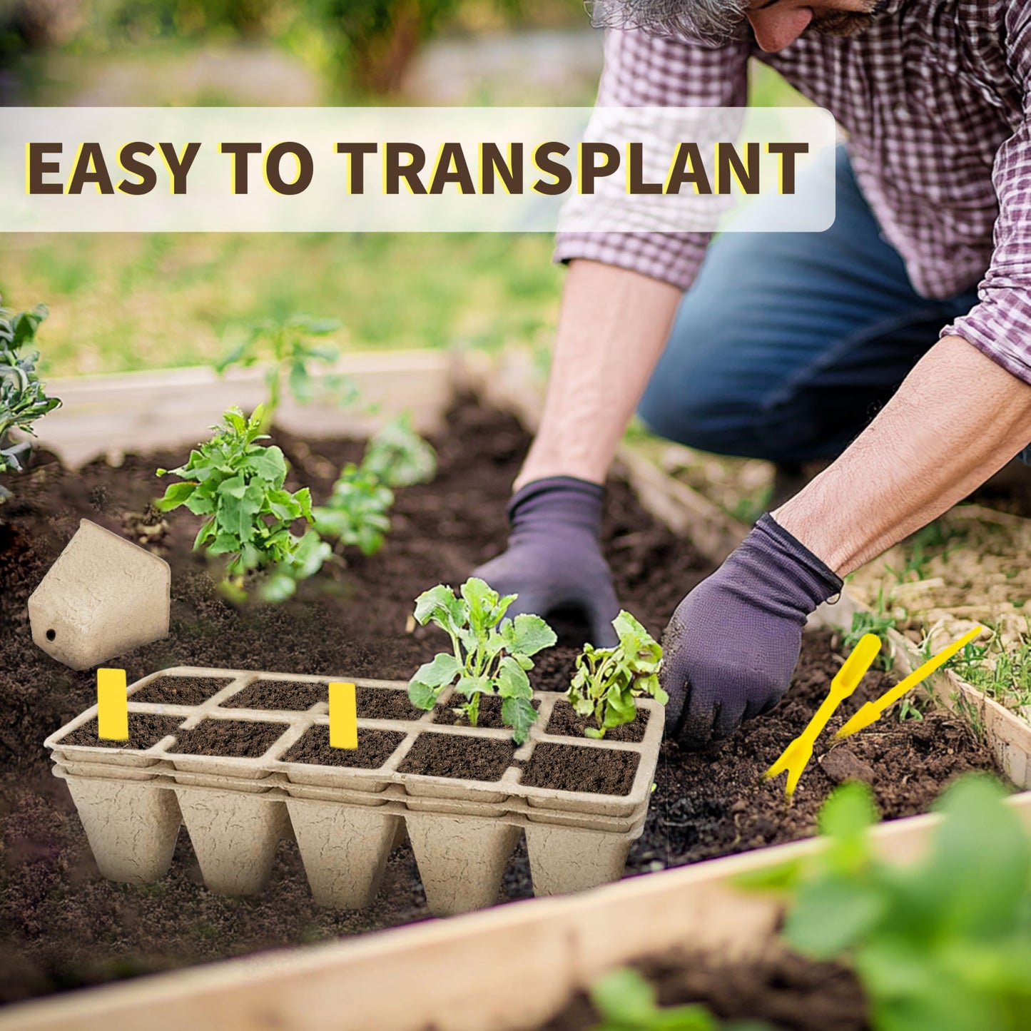 SORANGEUN Biodegradable Seed Starter Trays Kit – 20 Pack with 200 Labels, Transplant Tool & Spray Bottle, 1.8" Square Peat Pots for Seedlings, Vegetables, Herbs – Eco-Friendly Planting Set
