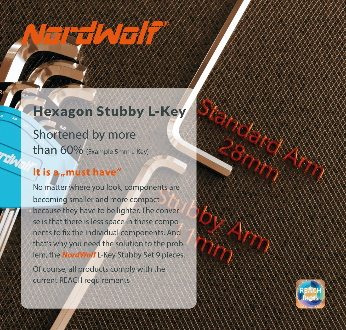 NordWolf 9-Piece Metric Stubby Allen Wrench Set, S2 Steel Long Arm Ball End Hex L-Keys, Sizes 1.5mm to 10mm