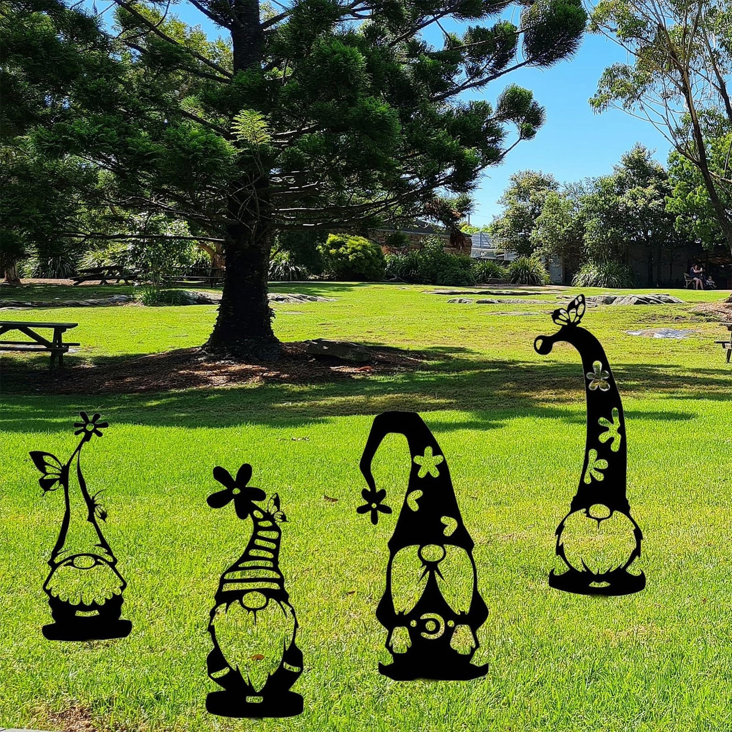 4PCS Metal Black Gnomes with Flower Garden Statues Garden Decor Outdoor Decorative Metal Art for Courtyard Yard Lawn