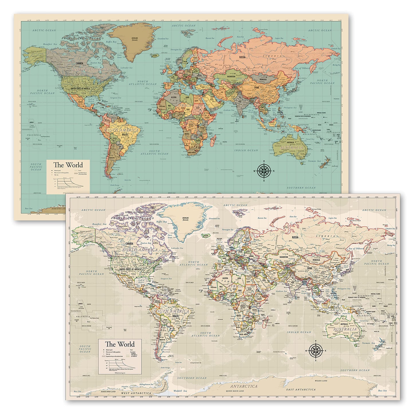 2 Pack - World Map [Tan/Color] & Antique Style World Map - Set of 2 Posters (LAMINATED, 18” x 29”)