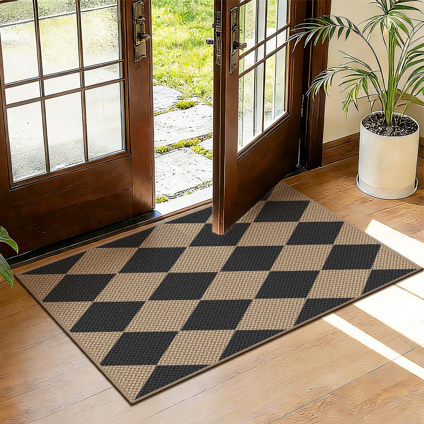 Capslpad Indoor Door Mat 24"x36",Non-Slip Checkered Front Door Mat Indoor,Easy Jute Low-Profile Entryway Mat,Mud Trapper Absorbent Inside Floor Mats Area Rug for Entrance Entry(Nature/Black)
