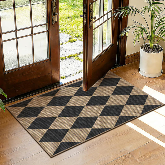 Capslpad Indoor Door Mat 24"x36",Non-Slip Checkered Front Door Mat Indoor,Easy Jute Low-Profile Entryway Mat,Mud Trapper Absorbent Inside Floor Mats Area Rug for Entrance Entry(Nature/Black)
