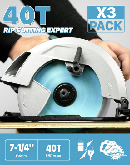 KEENTECH 7-1/4 Inch 40 Tooth General Purpose Circular Saw Blade 3-Pack, Tungsten Carbide Tipped, ATAF Grind, 5/8 Inch Bore with Diamond Knockout