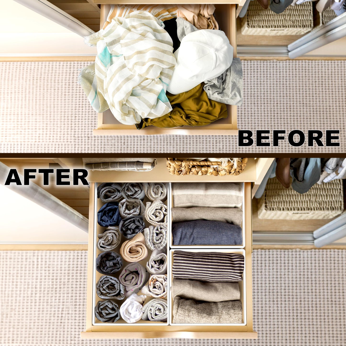 Simple Houseware Foldable Storage Basket Box Closet Dresser Drawer Divider Bins Organizer for Clothes,Underwears, Bras, Set of 6, Beige