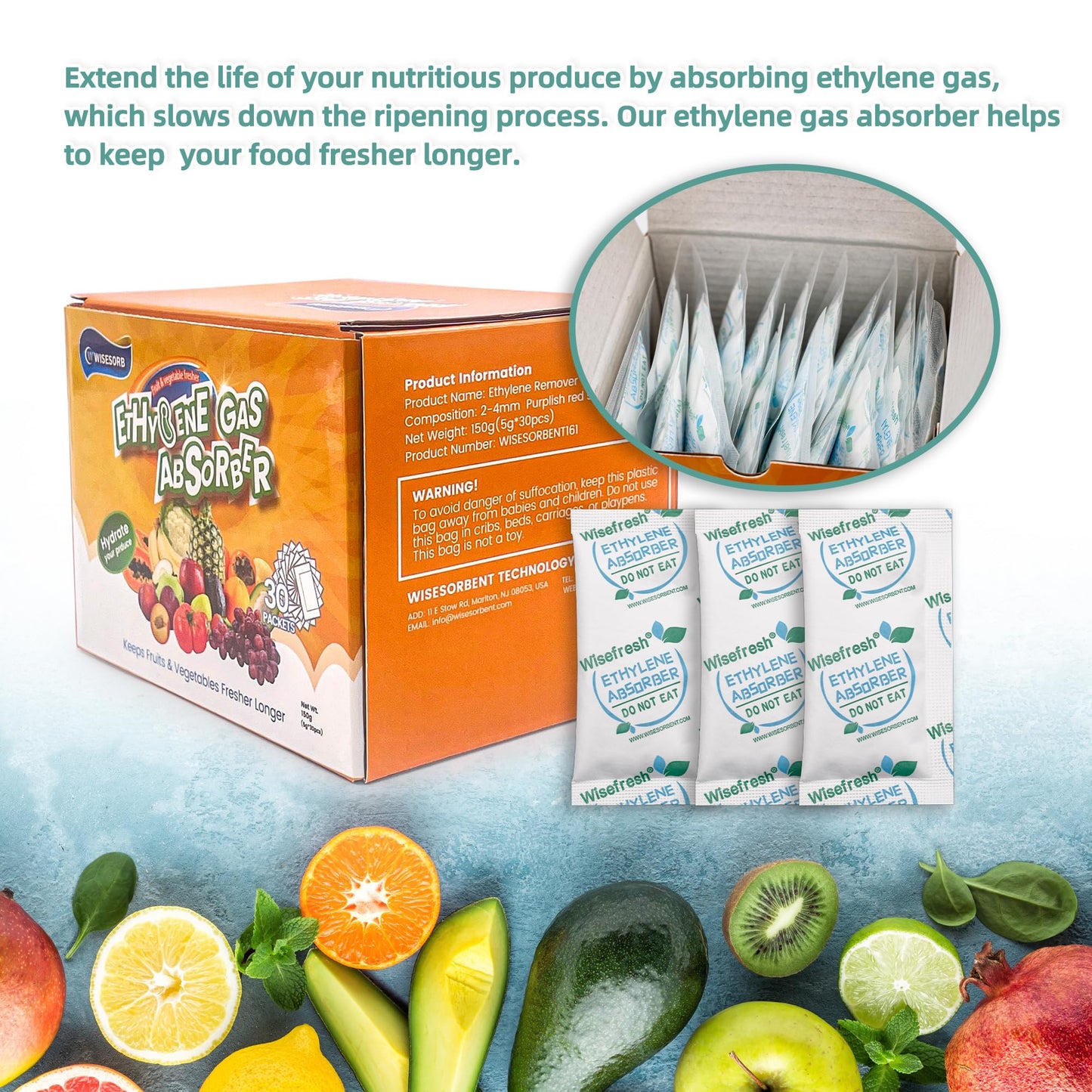 WiseFresh 30 Packs 5 Gram Ethylene Gas Absorber Packet, Vegetable & Fruit Fresh Produce Protector, Food Freshness Extender, Fresh Fruit Preserver, Vegetable Saver