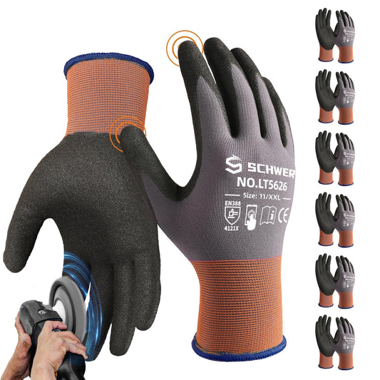 Schwer Lite Sandy Nitrile Coated Work Gloves LT5626, Work Gloves with Grip Touch Screen Compatible for General Purposes Automotive Electronic Assembly, Grey, L, 6 Pairs