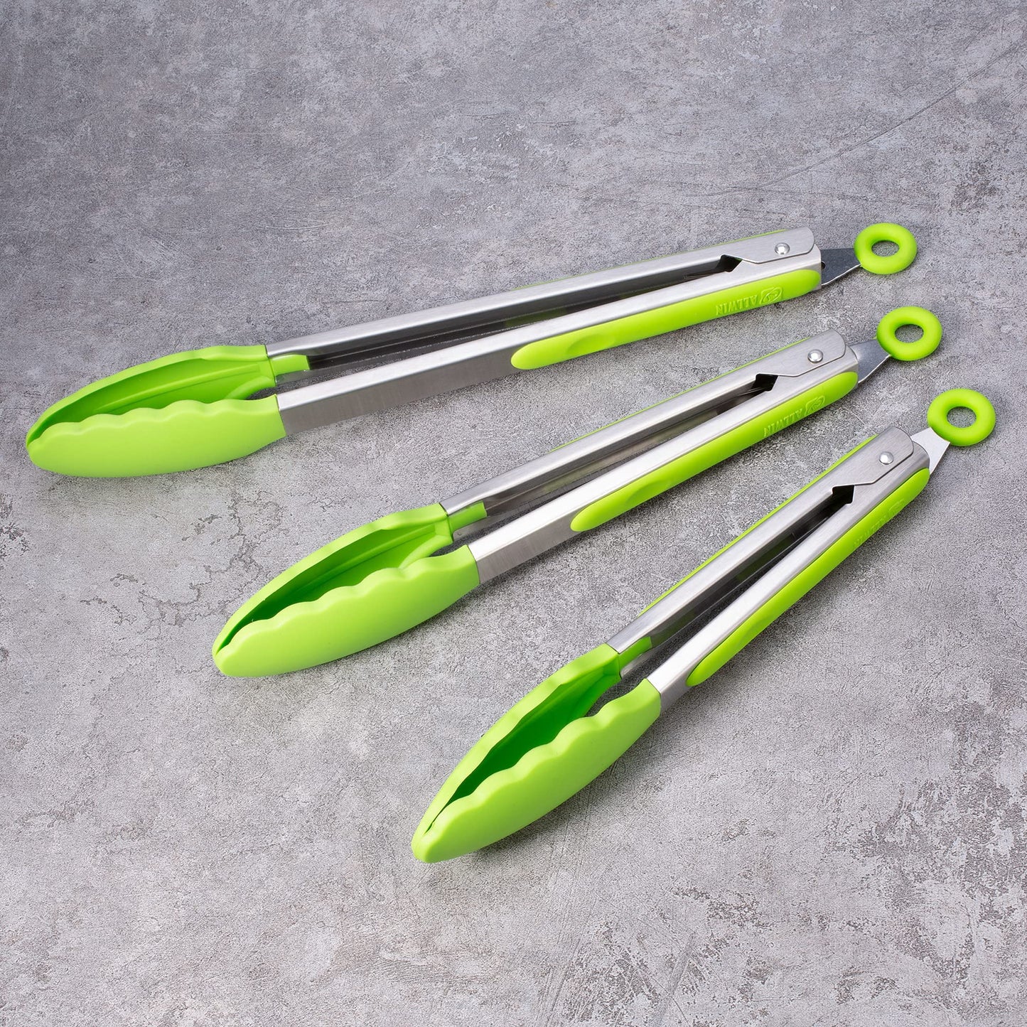 3 Pack Green Kitchen Tongs, Premium Silicone BPA Free Non-Stick Stainless Steel BBQ Cooking Grilling Locking Food Tongs, 9-Inch 10-Inch & 12-Inch