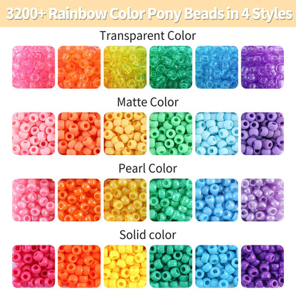 3500+ pcs Rainbow Pony Beads for Jewelry Making, Hair Beads for Braids, Bracelet Making Kit, Assorted Kandi Beads Kit with Letter and Heart Beads Hair Beader Tool Scissors Elastic String