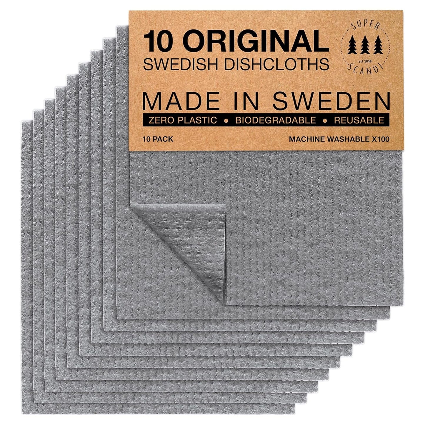 SUPERSCANDI 10 Pack Swedish Dish Cloths for Kitchen - 100% Biodegradable & Compostable | Washable Kitchen Cloths, Food-Safe & Without Plastic - Reusable Paper Towel for Any Surface | Grey