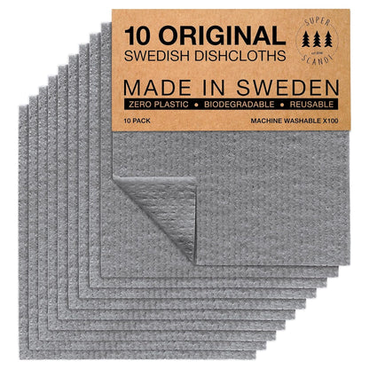 SUPERSCANDI 10 Pack Swedish Dish Cloths for Kitchen - 100% Biodegradable & Compostable | Washable Kitchen Cloths, Food-Safe & Without Plastic - Reusable Paper Towel for Any Surface | Grey
