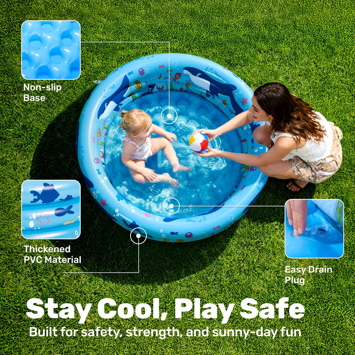 Sloosh Inflatable Kiddie Pool, 34"x10" Blow Up Kids Pool, 3 Rings Blue Baby Pool for Toddler, Kid Swimming Pool Play Pit for Dog with Ocean Whale Pattern for Summer Water Party Backyard Garden(Whale)