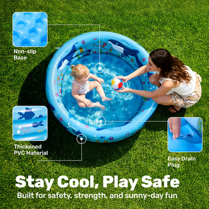 Sloosh Inflatable Kiddie Pool, 34"x10" Blow Up Kids Pool, 3 Rings Blue Baby Pool for Toddler, Kid Swimming Pool Play Pit for Dog with Ocean Whale Pattern for Summer Water Party Backyard Garden(Whale)