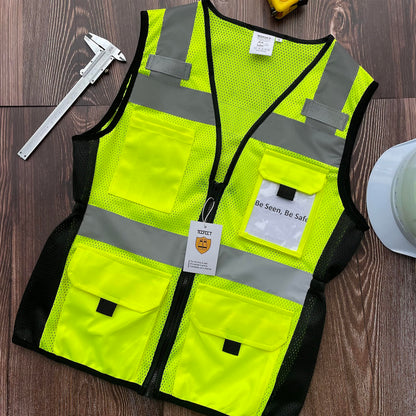 TCCFCCT Women High Visibility Vest 11 Pockets Snug-Fit Reflective Safety Vest with Reinforced Zipper, Neon Construction Work Vest for Lady Surveyors/Workers, Durable,Meets ANSI, CA-N-Yellow L