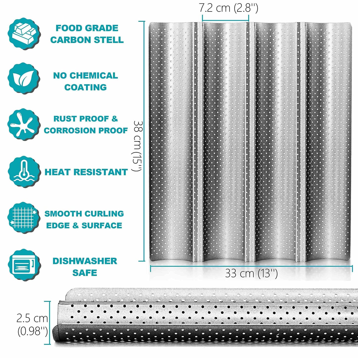 Anaeat Nonstick Perforated French Bread Baking Pan, 15"X 13" Premium Toast Mold Great for 4 Loaves Baguettes, French & Italian Bread Trays for Baking Loaf Bread, Durable & Heat Resistant (Silver)
