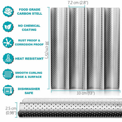 Anaeat Nonstick Perforated French Bread Baking Pan, 15"X 13" Premium Toast Mold Great for 4 Loaves Baguettes, French & Italian Bread Trays for Baking Loaf Bread, Durable & Heat Resistant (Silver)