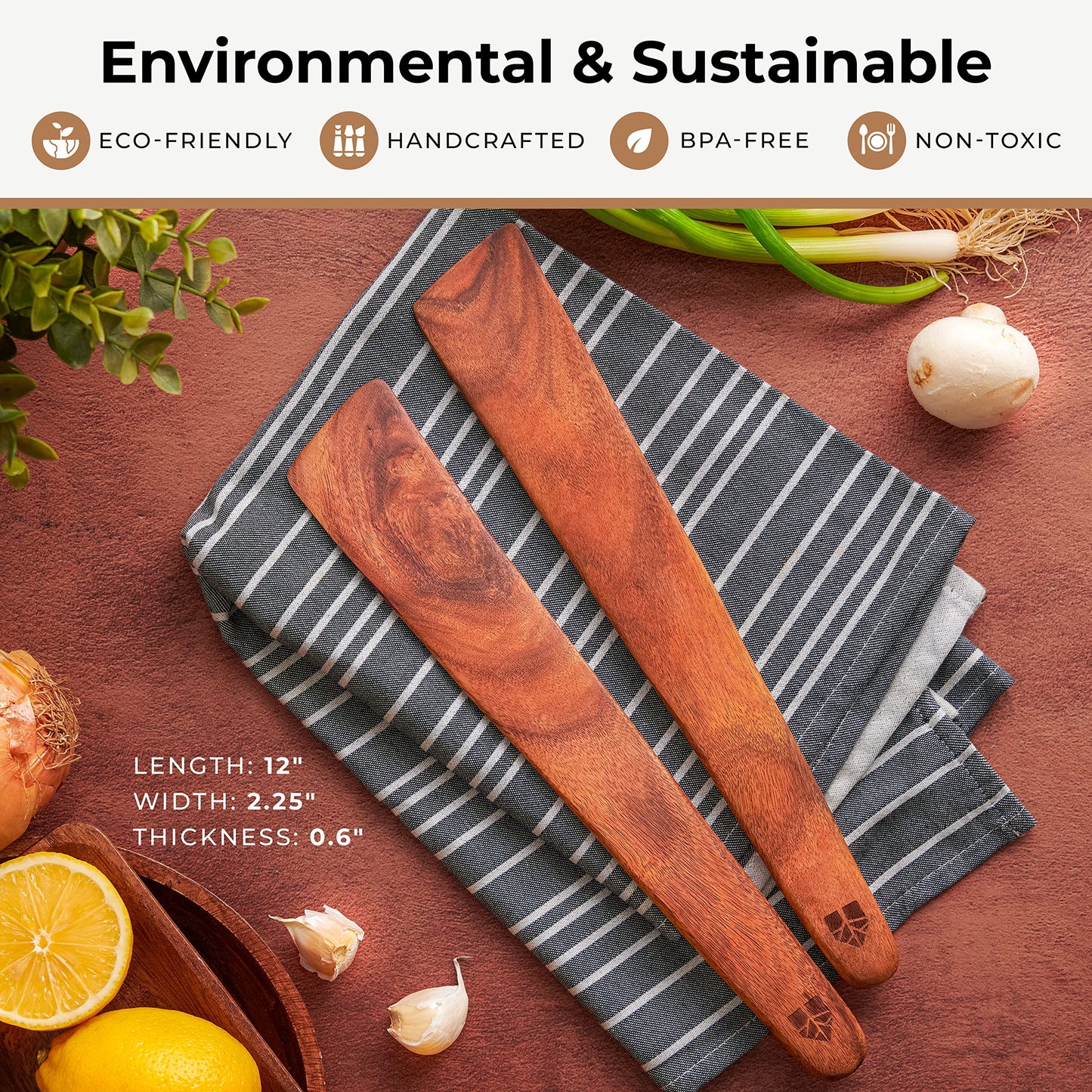 12″ Teak Wooden Spatula for Cast Iron, Small Wood Flipper, Egg Scraper, Flat Wooden Turner, Multipurpose Wood Cooking Utensil, Spatulas Perfect for Flipping, Serving, Scraping & Turning - Set of 2