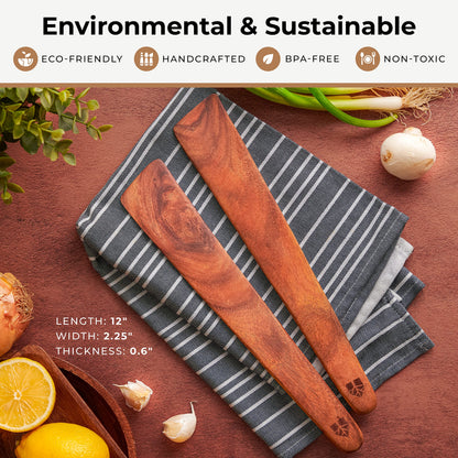 12″ Teak Wooden Spatula for Cast Iron, Small Wood Flipper, Egg Scraper, Flat Wooden Turner, Multipurpose Wood Cooking Utensil, Spatulas Perfect for Flipping, Serving, Scraping & Turning - Set of 2
