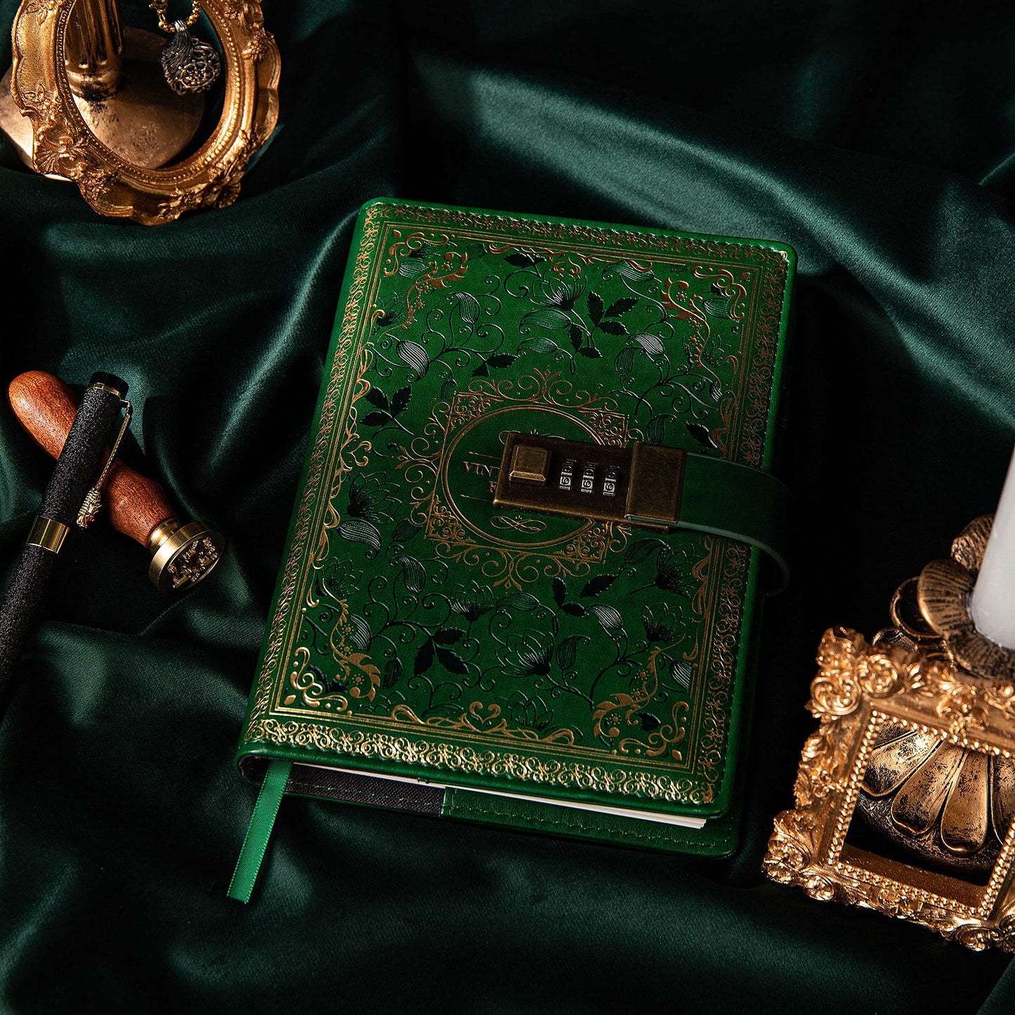 Vintage Leather Journal Notebook with Combination Lock, B6 Embossed Flower Secret Diary Ruled Lined Paper for Writing, Gift for Women Girls Children (Green)