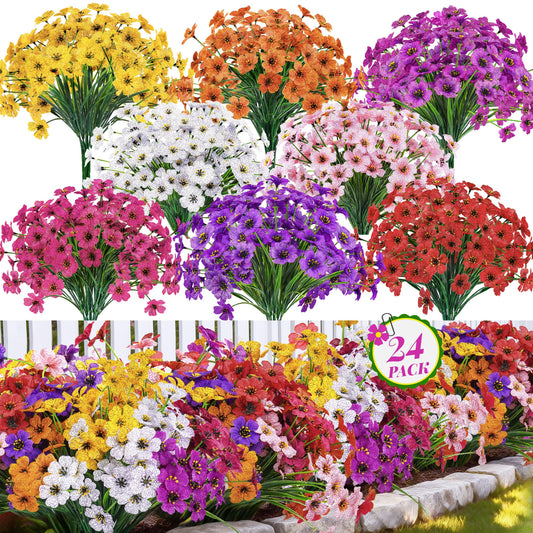 Der Rose 24 Bundles Artificial Flowers for Outdoor UV Resistant Faux Plants for Wedding Home Garden Patio Porch Spring Decor (8 Colors)