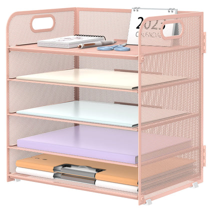 Supeasy 5 Trays Paper Organizer Letter Tray with Handle-Mesh Desk File Organizer, Paper Sorter for Office, Home or School, Pink