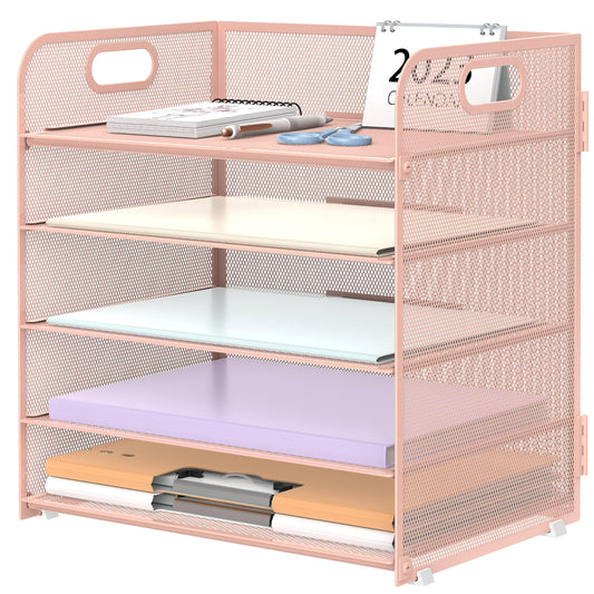 Supeasy 5 Trays Paper Organizer Letter Tray with Handle-Mesh Desk File Organizer, Paper Sorter for Office, Home or School, Pink